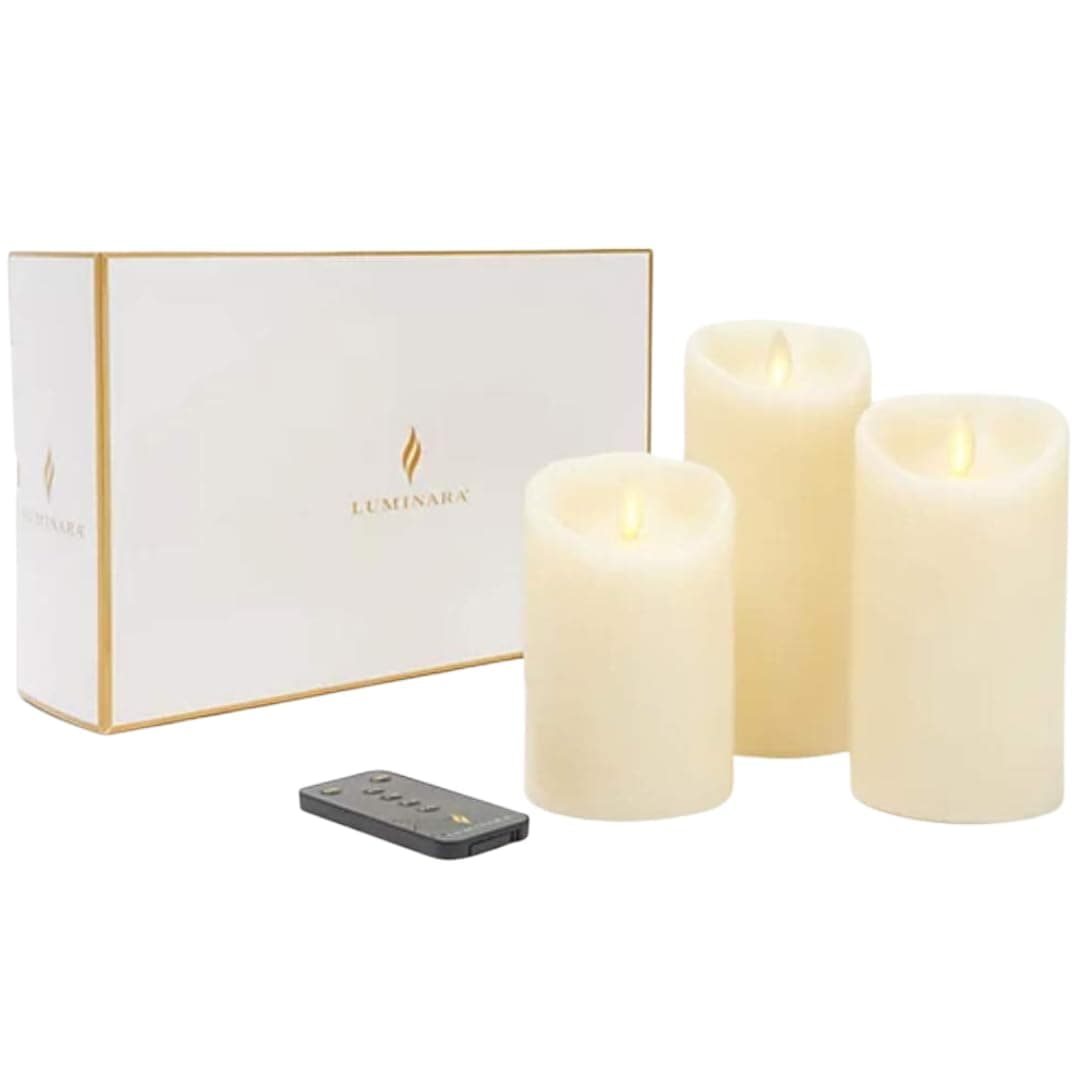 Set of 3 Ivory Flame Effect Real Wax LED Pillar Candles with Remote Control