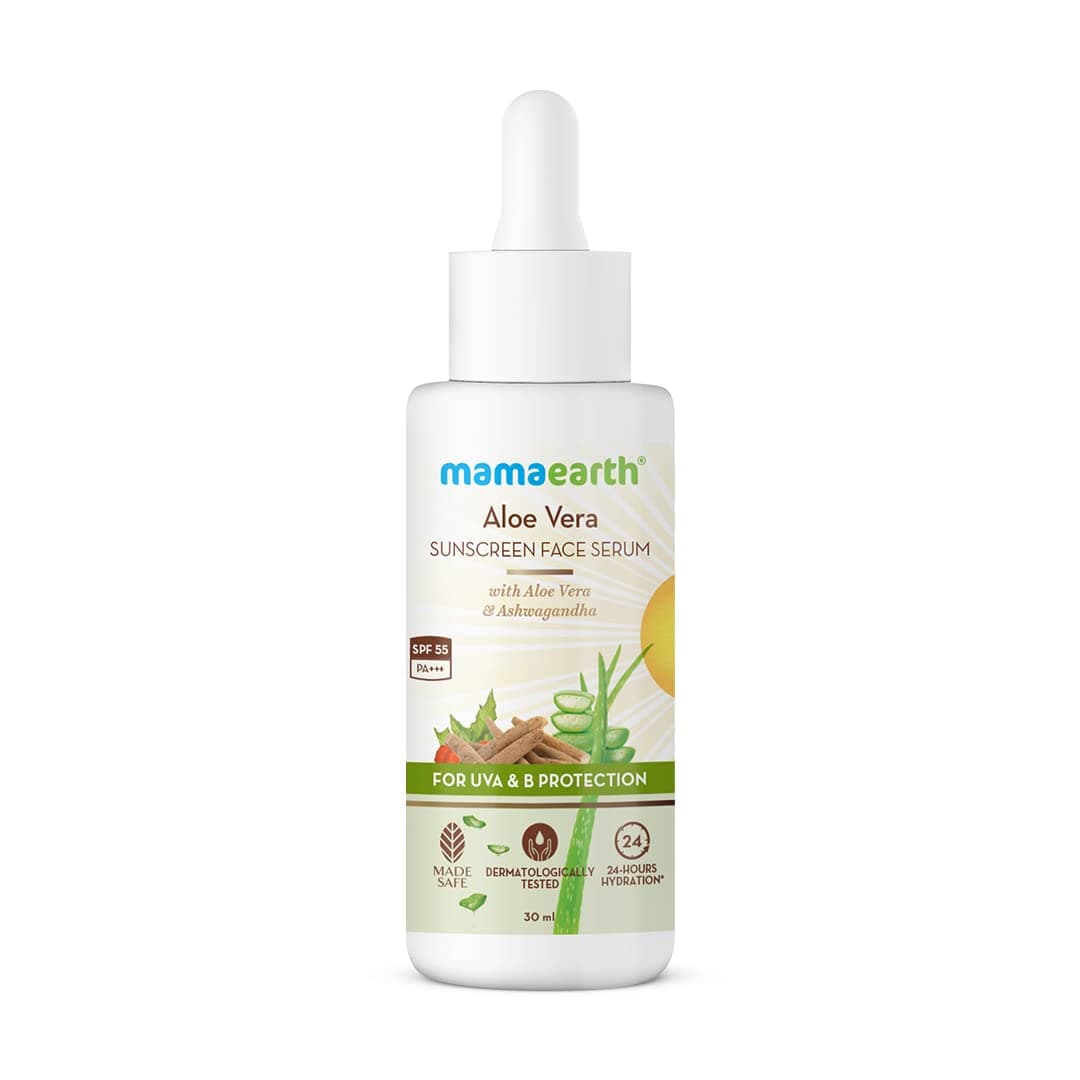 Mamaearth Aloe Vera Sunscreen Face Serum with SPF 55, with Aloe Vera & Ashwagandha for UVA& B Protection - 30 ml