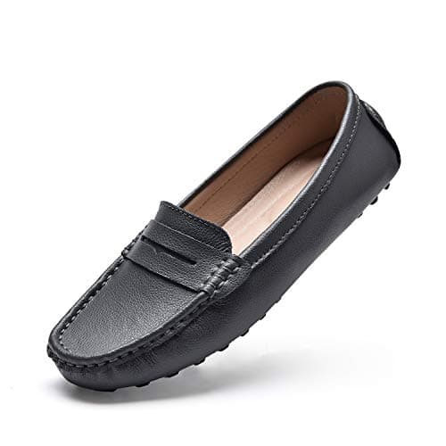 BEAUSEEN Women's Gray Penny Loafers Leather Driver Moccasins Casual Slippers Shoes Size 7.5 BES-2207HUI075 Wide