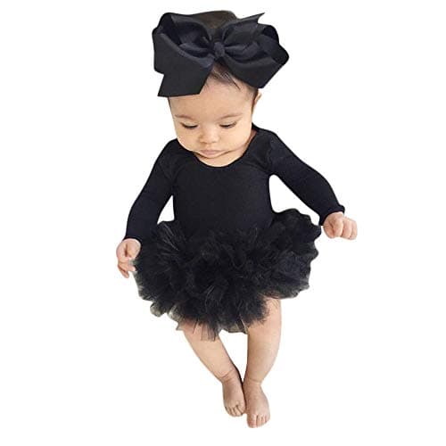 Fineser 2Pcs Baby Girl Outfits Set Infant Newborn Long Sleeve Tulle Tutu Solid Lace Romper Skirt Bodysuit+Headband 0-2Y (Black, 18-24 Months(100))