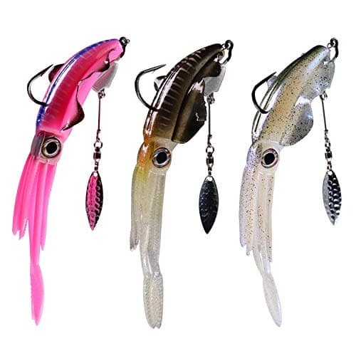 thkfish Squid Lures Saltwater Glow Luminous Squid Fishing Lures with Swimbait Hooks Weighted Underspin Hooks Blade Jig Head 3pcs Squid Lures 3pcs Weighted Blade Hooks