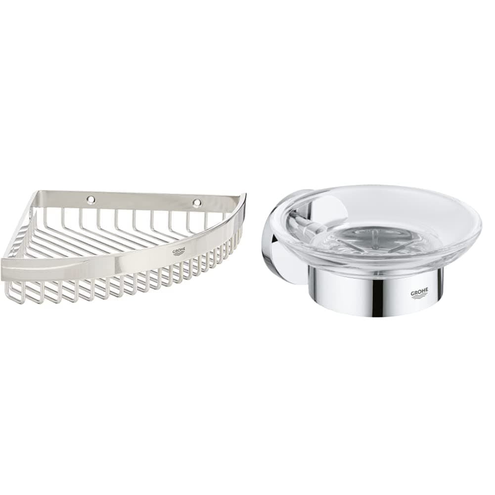 GROHE Selection | Bathroom Accessories | Cube Corner Shower Basket | Chrome | 40809000 & 40444001 Essentials Soap Dish and Silver Holder