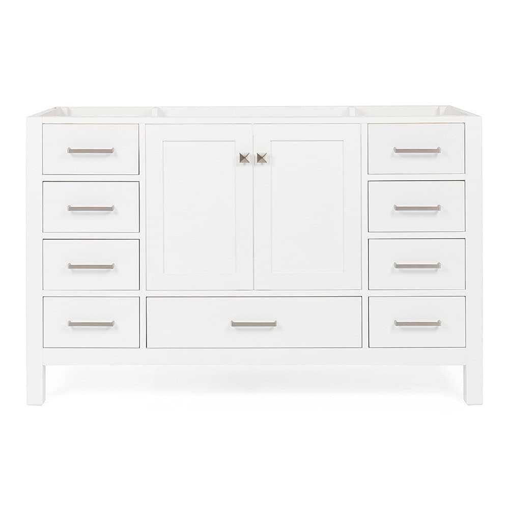 ARIEL 54" White Bathroom Vanity Base Cabinet, Single Sink Configuration, 2 Soft Closing Doors, 9 Full Extension Dovetail Drawers, Brushed Nickel