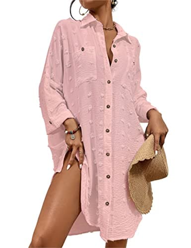 Bsubseach Swimsuit Coverup for Women Bathing Suit Blouse Button Down Shirt Dresses Swiss Dot