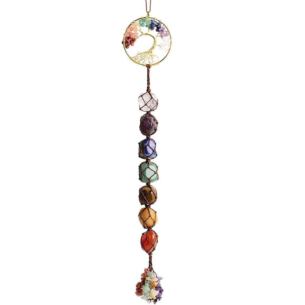 NOSKIN 7 Chakras Stones Healing Crystals Tree of Life Wall Hanger Tumbled Gemstones Meditation Hanging Ornament Christmas Tree Memorial Hanging Pendant Xmas Gift