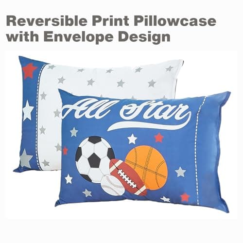 EVERYDAY KIDS 4 Piece Toddler Bedding Set - Jungle Sports - Soft 100% Cotton Percale - Includes Comforter, Flat Sheet, Fitted Sheet and Reversible Pillowcase