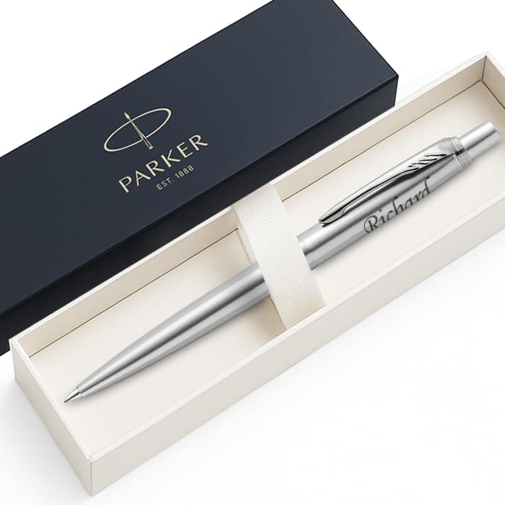 Personalised Silver Engraved Parker Jotter Stainless Steel Ballpoint Pen Black Ink - Luxury Gift Ideas for Men Husband Him Wedding Birthday Anniversaries