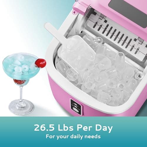 EUHOMY Countertop Ice Maker Machine with Handle, 26.5lbs Per Day, 9 Cubes in 6 Mins, Auto-Cleaning Portable Ice Maker with Basket and Scoop, for Home/Kitchen/Camping/RV (Pink)
