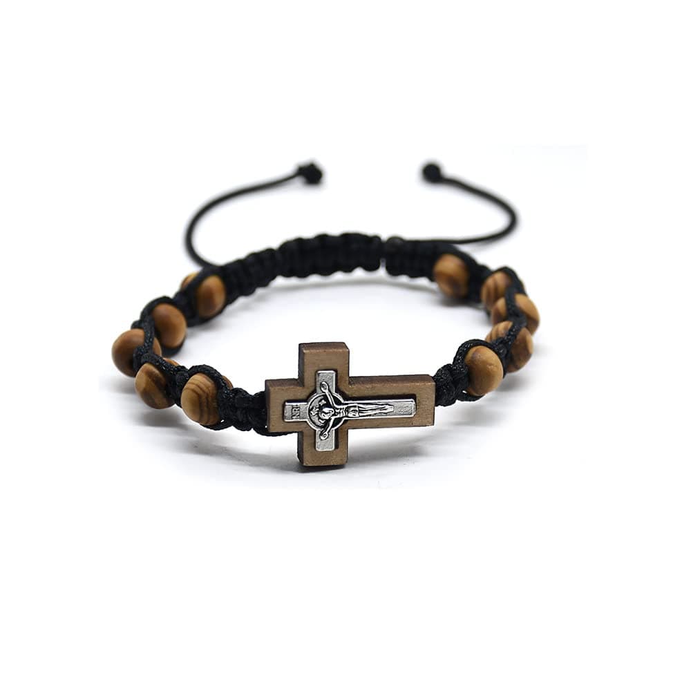 Rosary Corner Wooden Christian Bangle for Men or Women, 5.8g,18-28cm Adjustable - with Velvet Bag, 18-28, Zinc