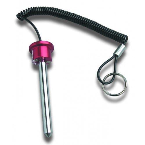 SBD Pin, Tensile - MAGNETIC Universal Weight Stack Replacement SELECTOR KEY - 3/8" Dia | 3-1/4" Locking Space | DETENT Hitch PINS - RED Anodized Aluminum Knob w/ reinforced steel wire Lanyard.