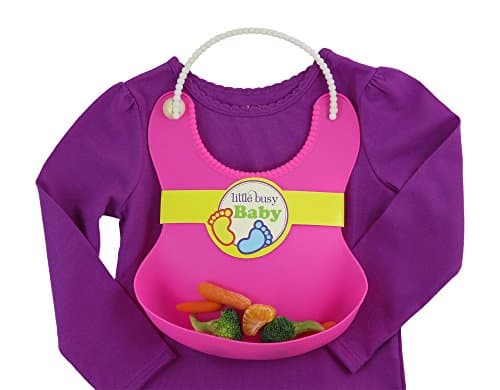 Little Busy Baby Girls Pink Silicone Bib - Waterproof Food Catcher With Pocket