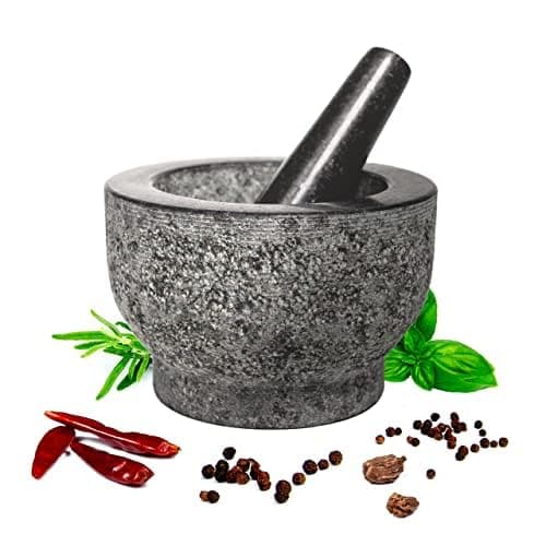 Mortar and Pestle Set - 6 Inch Granite, Large Molcajete Bowl with Stone Grinder - Spice, Herb and Avocado Masher for Guacamole, Salsa and Pesto - Holds 2 Cups﻿