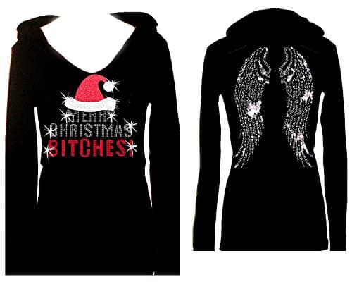 Merry Christmas Bitches Angel Wings Rhinestone Bling Womens Tee Shirt V Hoodie (M) Black