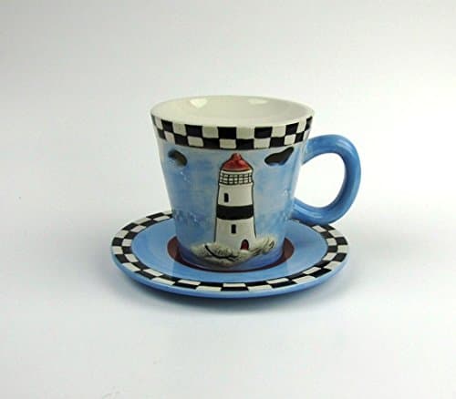 Tealight Tart Warmer -Lighthouse Tea Cup Design, Diane Knott collection, hand-painted stoneware