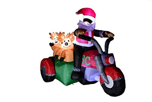 Fun City Christmas Lighted Airblown Inflatable Santa Riding Motorcycle w. Reindeers 5ft (KS0062)