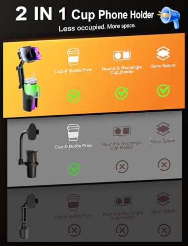 Cup Holder Phone Mount for Car Bottle Friendly Cup Phone Holder for Car High Adjustable Cell Phone Cup Holder Expander for Car Easy Install & Sturdy & Durable Fit All 4-7‘’ iPhone Android