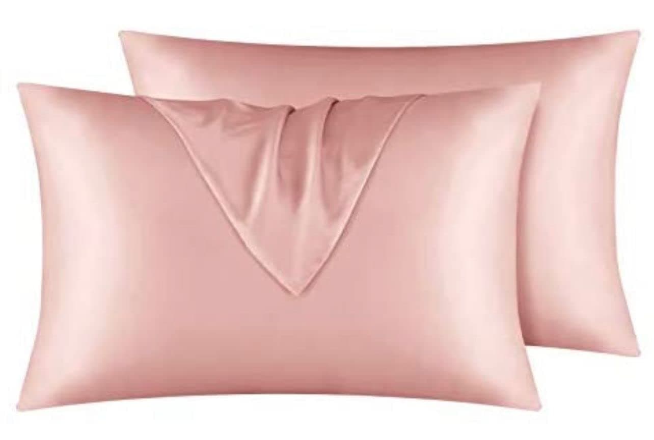 LUXURY HOME Satin-Silk Pillowcase for Hair and Skin. Smooth, Soft and Breathable Silk with FREE Silk Scrunchie [Set of 2] (Champaine Pink)
