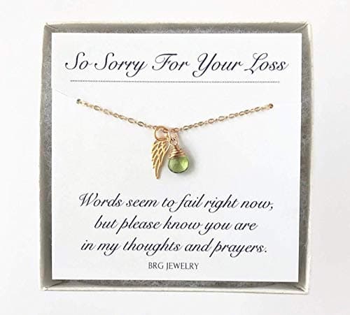 Miscarriage Gift Necklace ~ Gold Angel Wing August Birthstone Peridot ~ Pregnancy Loss Sympathy Condolence