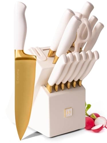 STYLED SETTINGS Gold Knife Set with Block Self Sharpening –14 Piece Gold and White Kitchen Knife Set with Built-In Sharpener, High Carbon Stainless Steel, Titanium Coated Blades, Luxury Kitchen