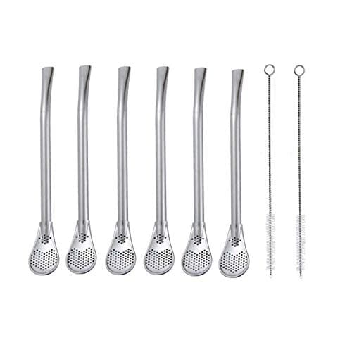 Stainless Steel 304 Drinking Spoon Straws Pack of 6 Silver Infuser Strainer Stirring Bombillas Yerba Mate Tea with 2 Cleaning Brushes