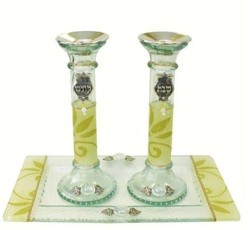 Lily Art Glass Appliquéd Pearl/Gold Shabbat Candle Stick Holders and Tray