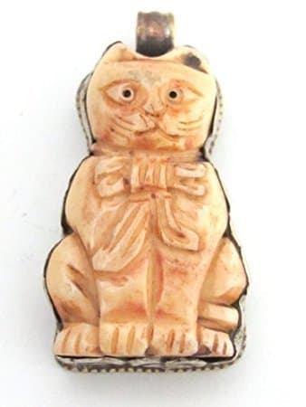 Tibetan silver carved bone Cat pendant with reverse side buttefly repousse - PM234A