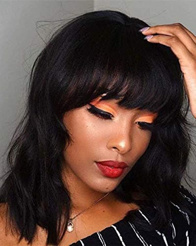 Menoqi Short Black Wig with Bangs for Women, 13'' Curly Wavy Bob Hair Wig, Natural Looking Heat Resistant Synthetic Wig for Daily Party WIG210BK