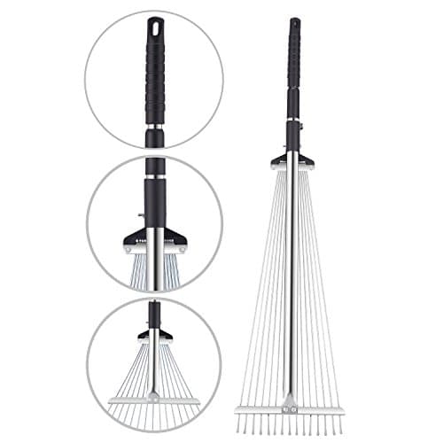 C2F Garden Lawn Leaf Rake 61 Inch Adjustable and Telescopic Metal Rake Tool for Yard (Aluminum Handle) (Iron Handle)