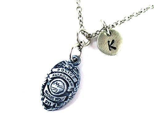 Blue Police Badge Charm Necklace Personalized Initial Women's Jewelry Police Wife Gift