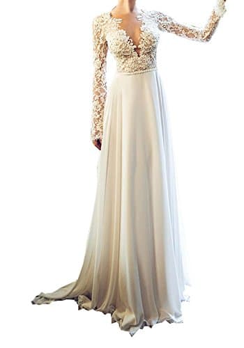 Topashe Women's Boho Beach Lace Long Sleeve Backless Chiffon Western Wedding Dress for Bridal 2018 US4 White