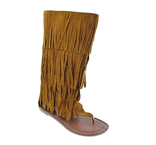 New Womens Mid Calf Fringe Moccasin Dress Sandals Sexy Boot Style in Black Tan, Brown, Red (6, Tan)
