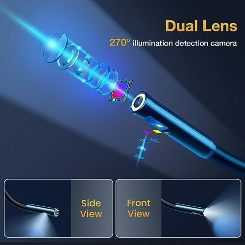 Dual Lens Borescope,GOLDEGGS Endoscope Camera with Light, 5" Industrial Inspection Cameras,16.4FT Waterproof Snake Camera with Temperature Control,Tool for Home/Pipe/Automotive,with 32GB Card and Case