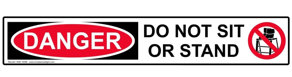ComplianceSigns.com Danger Do Not Sit Or Stand Label Decal, 6 x 1 inch 4-Pack Self Adhesive Vinyl for Industrial Notices, American Made Safety Stickers
