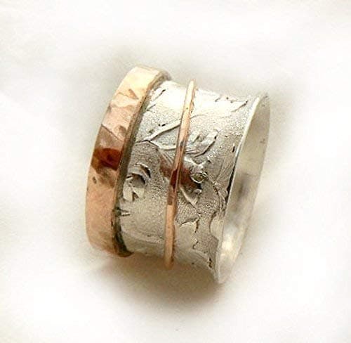 Elegant Leaf Pattern Silver-Gold Spinning Wedding Band