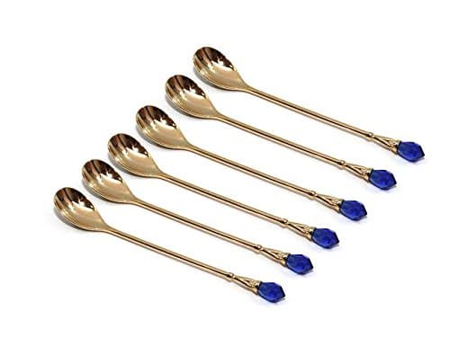 Royal Flatware 6pc Gold-Plated 24K Demi Spoons Dessert Flatware Set with Blue Swarovski Stone