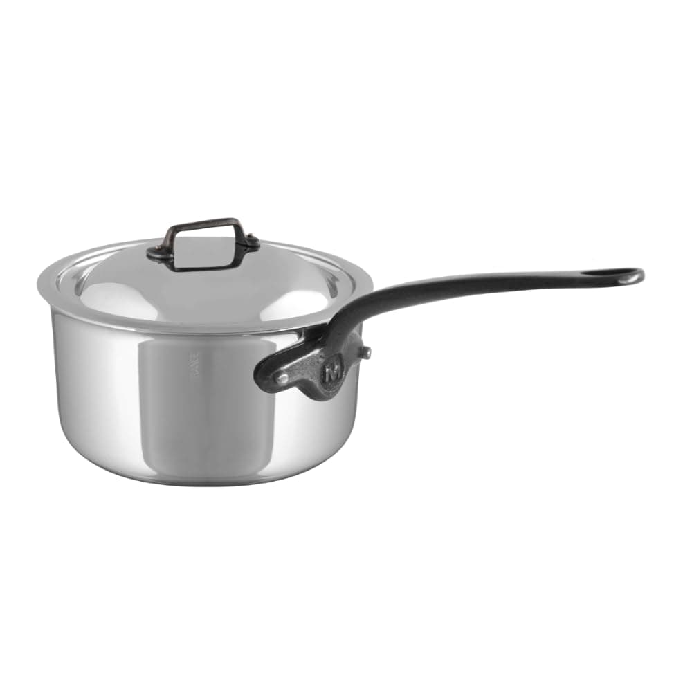 M'Cook CI 5-Ply Polished Stainless Steel Sauce Pan With Lid, And Cast Iron Handles, 3.4-qt, Made In France