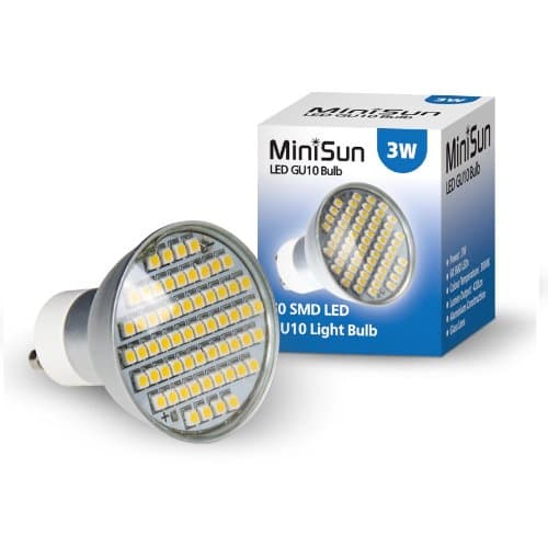 Pack of 3 - MiniSun Branded 3W Super Bright GU10 LED Bulbs with 58 x 3527 SMD LEDs – 420 Lumens – Warm White [Energy Class A]