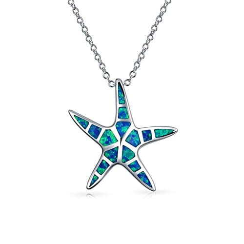 Nautical Beach Pendant Blue Inlay Created Opal Starfish Pendant Necklace For Women For Teen 925 Sterling Silver