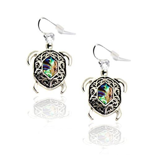 Antiqued Silver Sea Turtle Drop Earrings with Black Filigree and Abalone [Island Style]