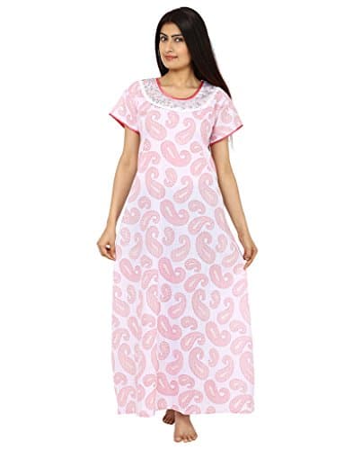 Saashiwear Women's Nightgown Cotton Printed Embroidered Ethnic Indian Maxi Kaftan