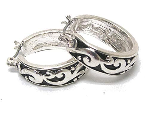 Sunnity Vintage Nouveau Look Antiqued Embossed Scroll Design Silver-Tone Hoop Earrings .75 Inch