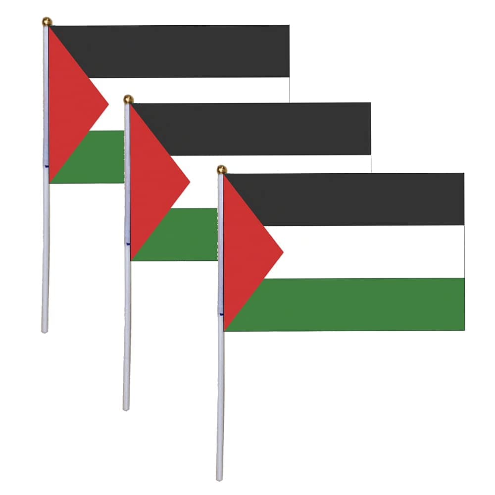 3 X Hand Held Free Palestine Fabric Flag & Pole - Palestinian Gaza 14x21CM