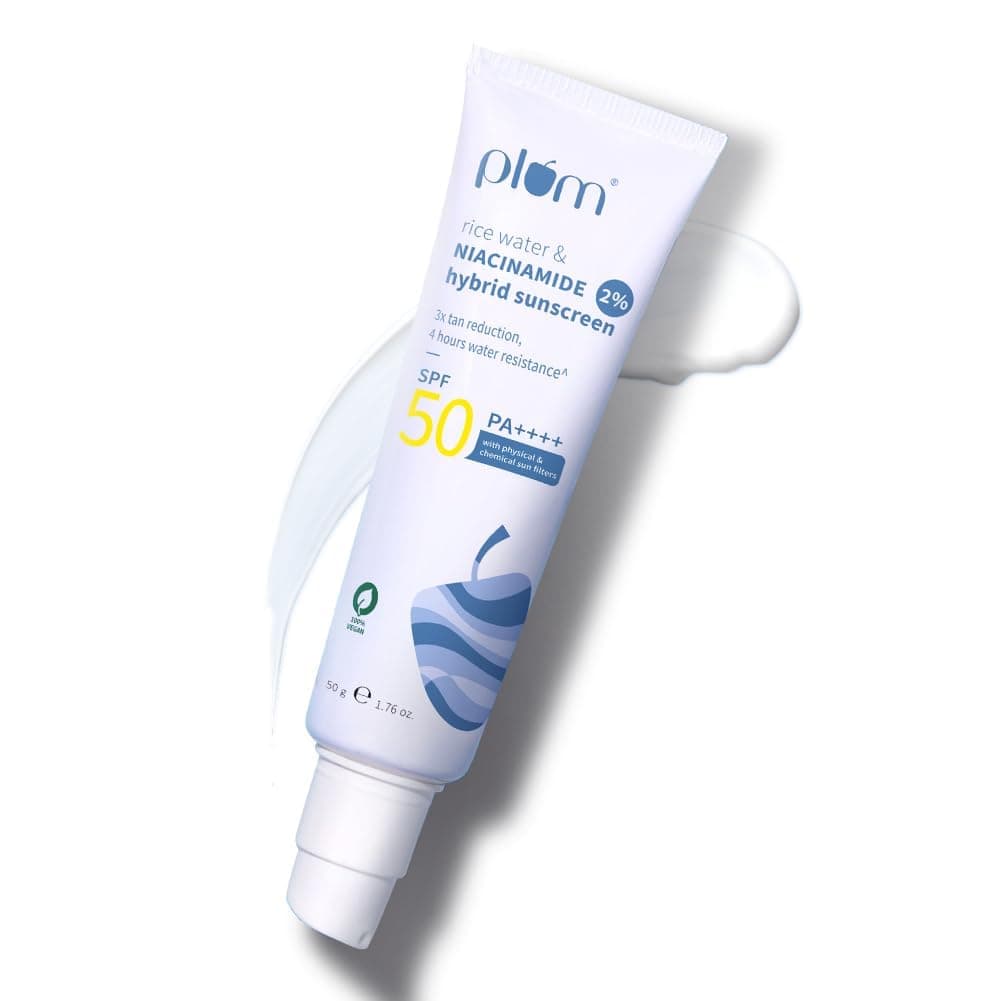 Plum 2% Niacinamide & Rice Water Hybrid Face Sunscreen with SPF 50 PA+++ | Protects & Brightens Skin | No White Cast | Reduces Blemishes | Non-Greasy | UVA & UVB Protection | All Skin Types | 50g