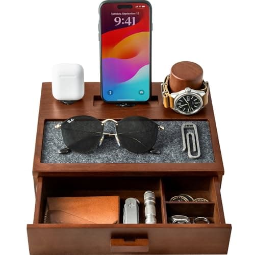 Holme & Hadfield Premium Wooden Phone Docking Station with Drawer – Nightstand Organizer for Charging Phone & Earbuds – Declutter Your Space with Felt-Lined Protection & Watch Pillar – Gift For Men