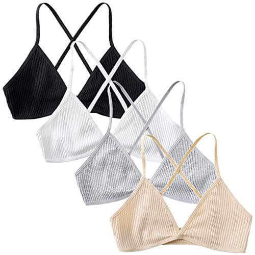 Peachat Triangle Bralette for Women A/B Cups Ribbed X Back Lightweight Thin Strap Bralette V Neck Pull On Unpadded Bra (4 Pack(Black, Gray, White, Champagne), S)