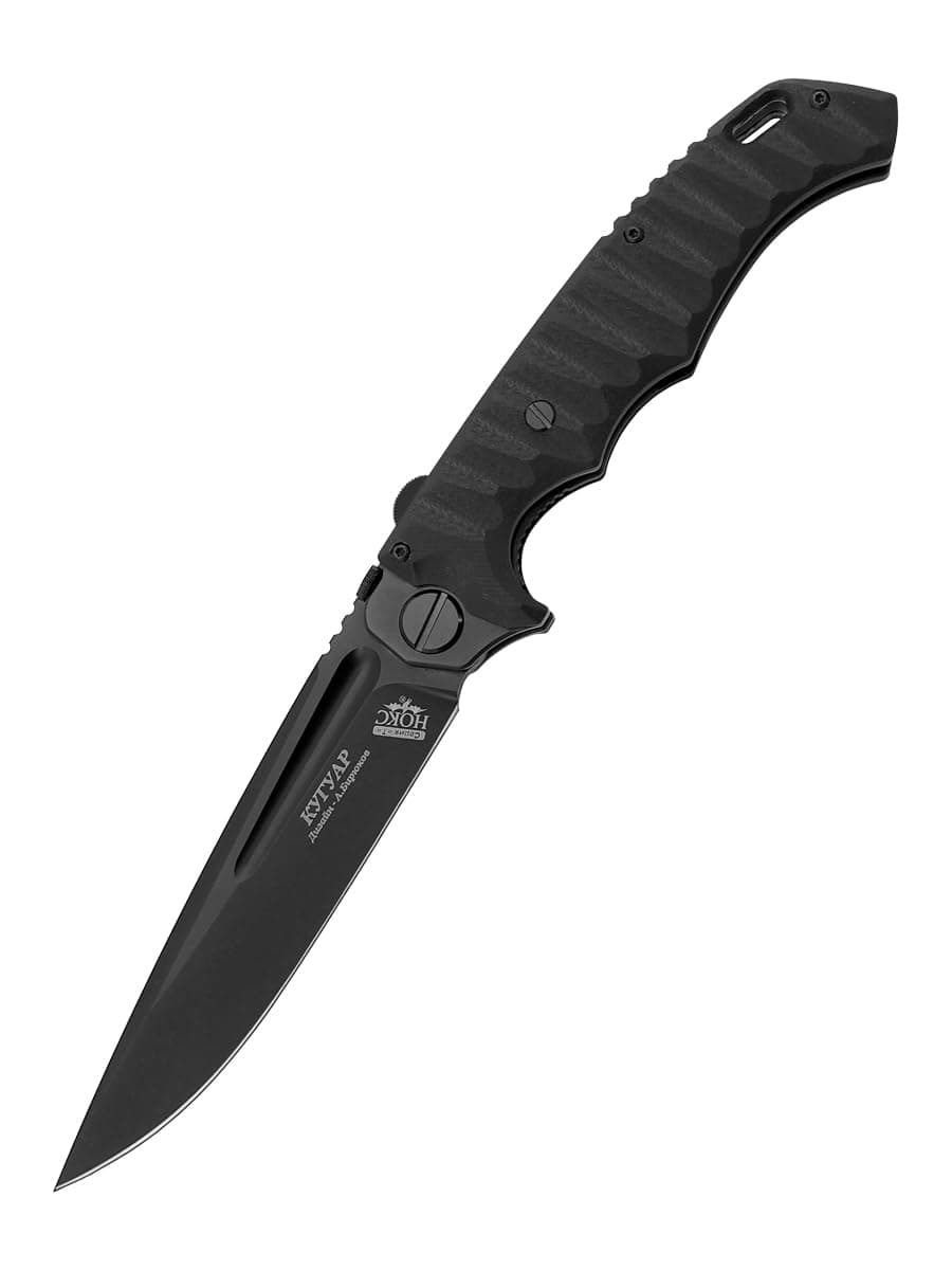 HOKC Cougar | 332-709406 | Pocket Knife with Liner Lock, Ball Bearing Opening, G10 Handle, Ambidextrous Thumb Stud, D2 Stainless Steel Blade, Black Titanium Coated Utility Knife