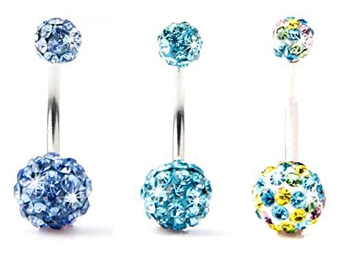 Lot of 3 Pieces Belly Ring Double Ball Full Swarovski Crystals Belly Button Rings Navel Bar 14G (1.6mm) 7/16"(11mm)