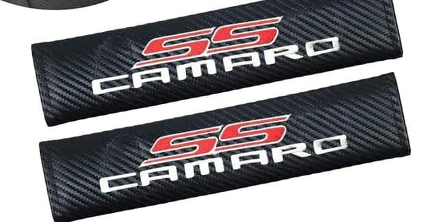 Car Seat Belt Pads, Pair of 2, Black Leather, Embroidered Camaro SS Emblem, Fits Camaro