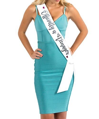 White Satin Officially a Teenager Birthday Sash in Dark Silver Glitter Lettering w/Fuchsia Glitter Hearts