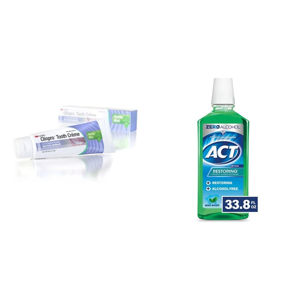 Clinpro Tooth Creme 0.21% Sodium Fluoride Anti Cavity Toothpaste, Vanilla Mint & ACT Restoring Zero Alcohol Fluoride Mouthwash 33.8 fl. oz. Strengthens Tooth Enamel, Mint Burst